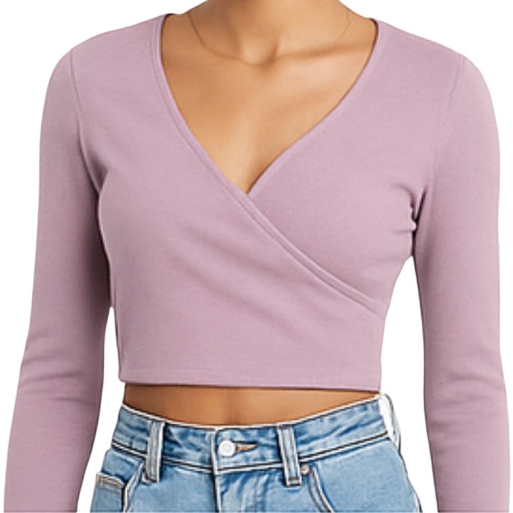 Forever 21 Surplice Crop Top V Neck Ribbed Knit Faux Wrap Purple Lilac Small